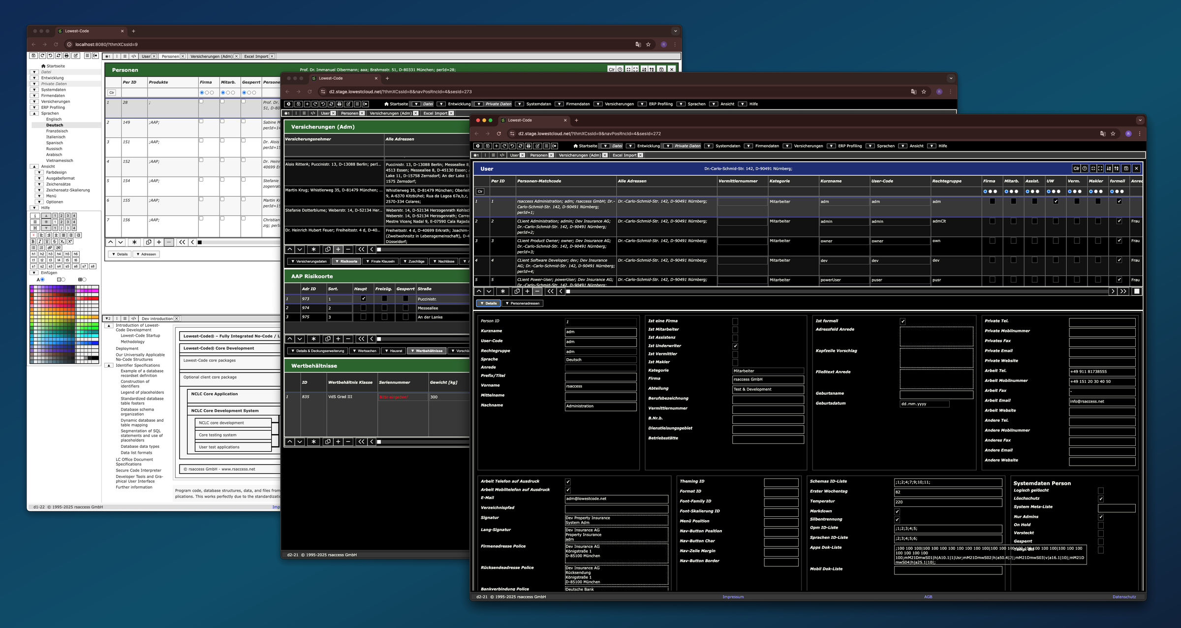 Three workplace windows in three themes: the people table with the side navigation tree, the insurance administration with its child lists for risk locations and valuables under the top menu, and the user form with its field groups